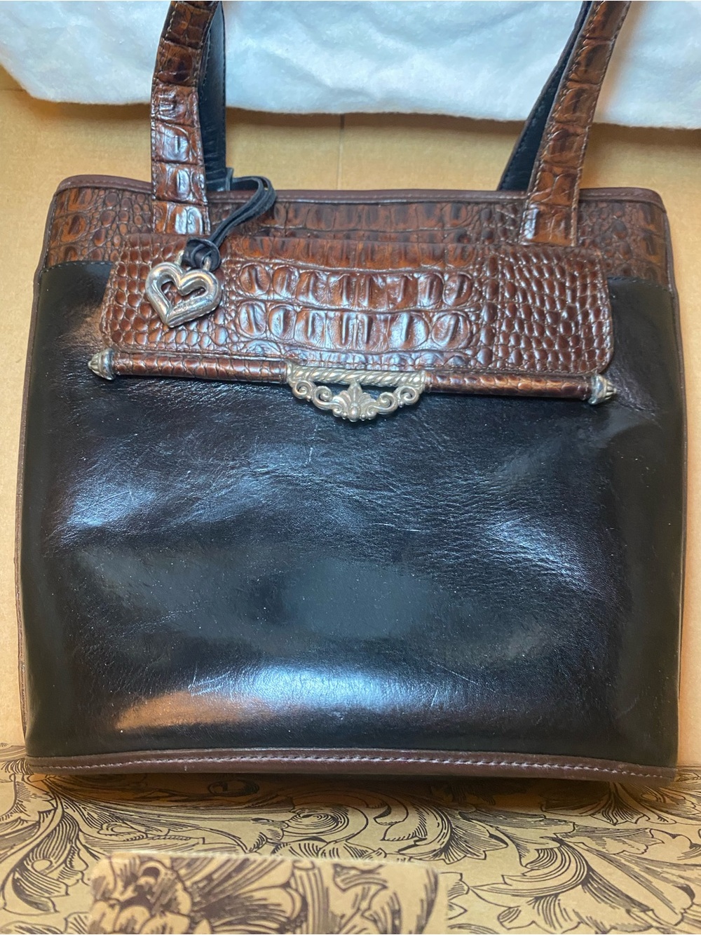 Brighton Carmen Brown & Black Leather bag Croc Texture Accent orig box, dust bag